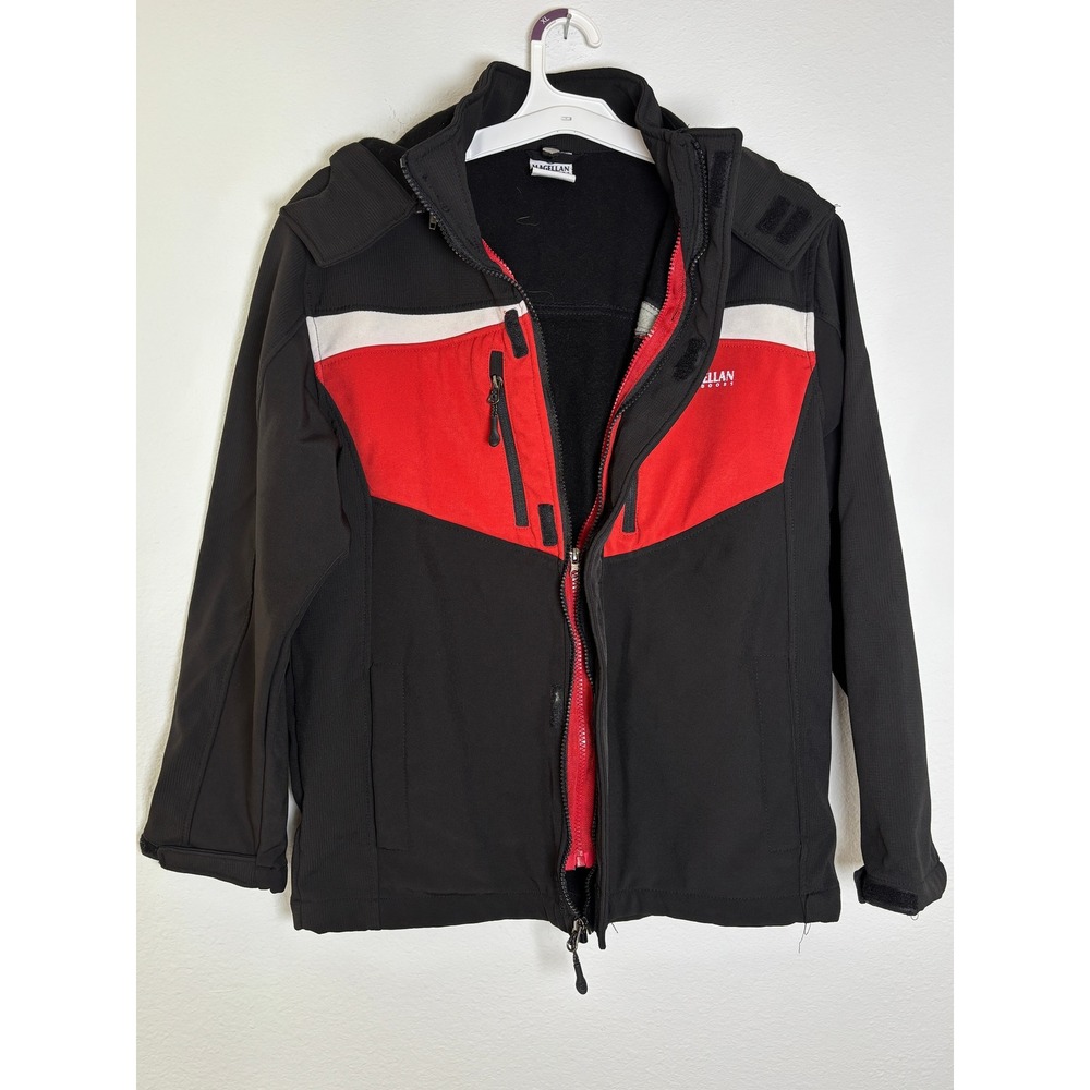 Magellan Outdoors Boys Large 14/16 Softshell Jacket Black Red Hooded Fleece
